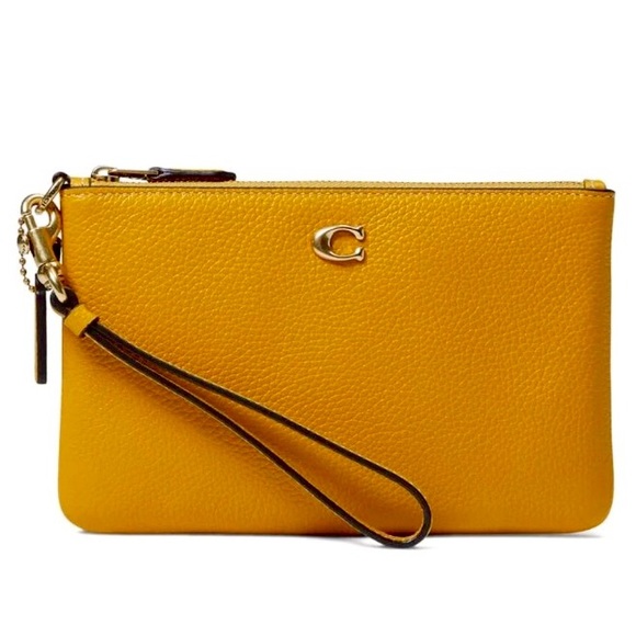 Coach Polished Pebble Leather Mustard Yellow Wristlet Clutch - Picture 1 of 5